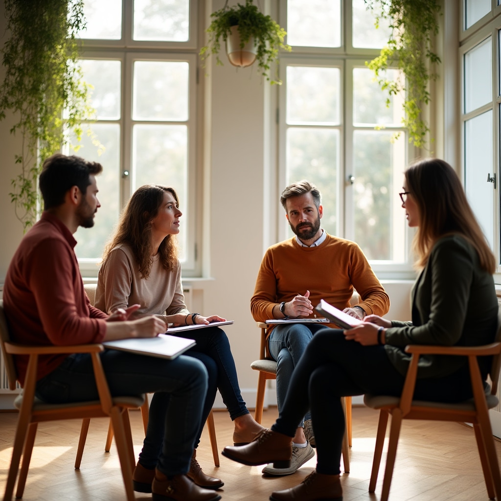 Diverse cohort of mid-career professionals in animated discussion during a career transition programme session in Lisbon