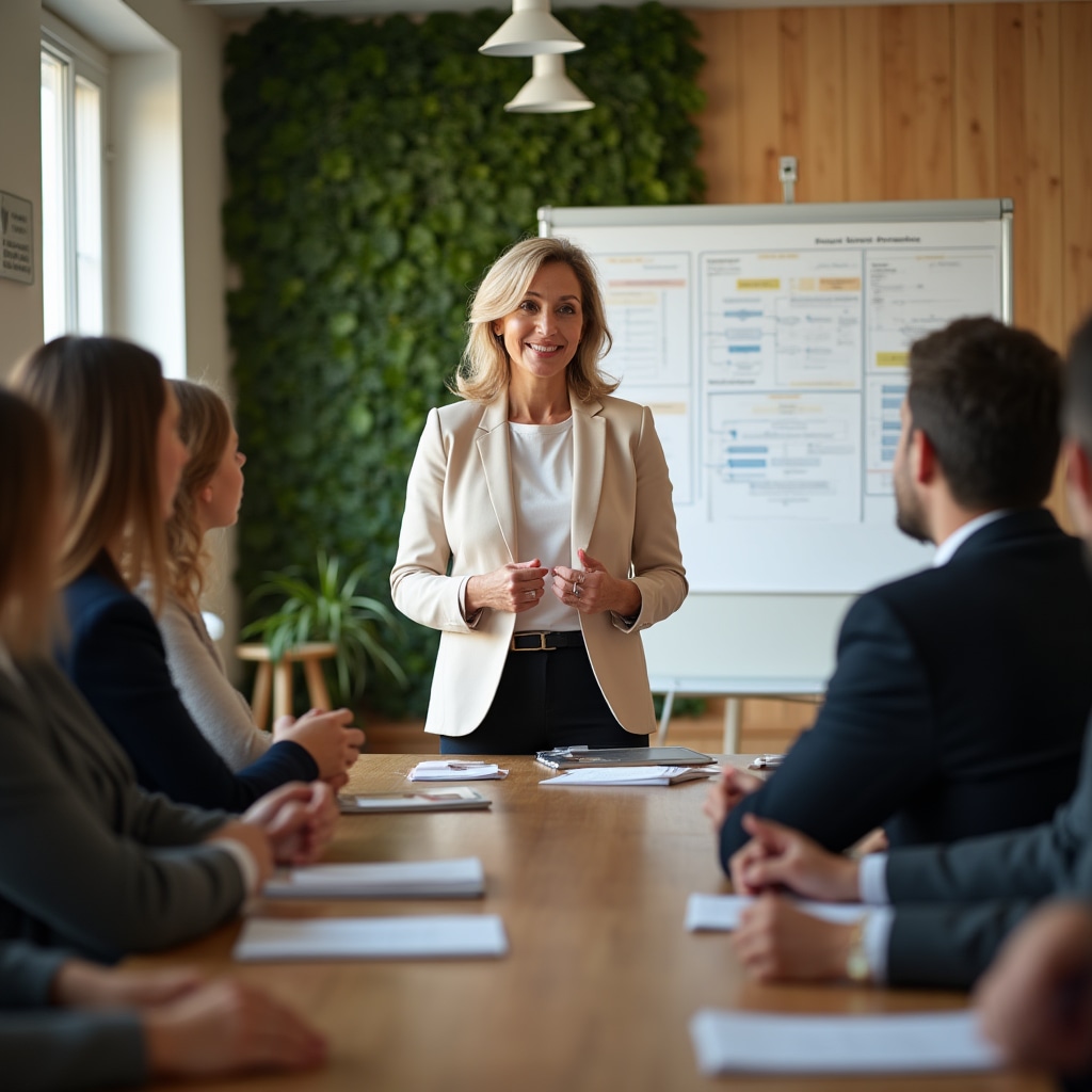 Programme facilitator leading a structured career transition session with engaged participants in a well-lit Lisbon workspace
