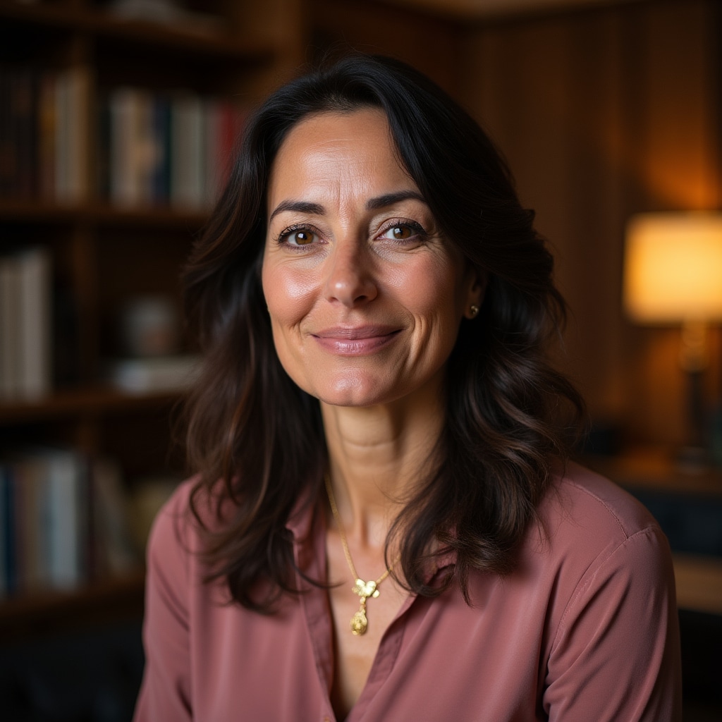 Sofia Mendes, Narrative Development Specialist at Global Memorandum, a professional woman with thoughtful expression