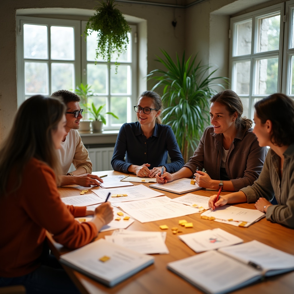 Group of mid-career professionals engaged in a structured career mapping workshop in Lisbon