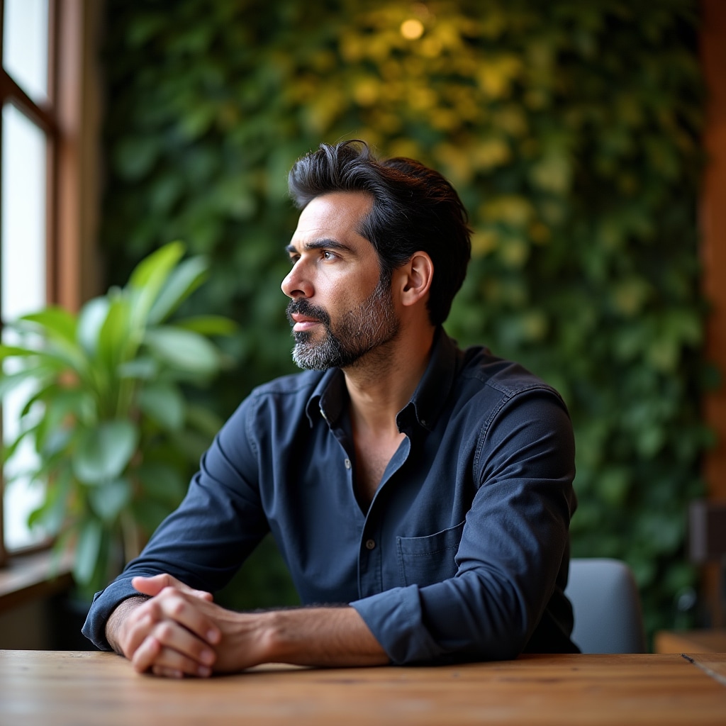 Mid-career professional reflecting on career transition possibilities in a modern Lisbon workspace